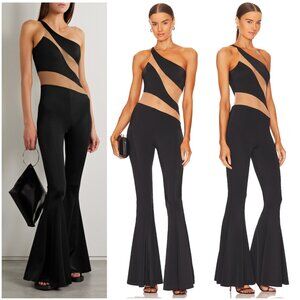Norma Kamali $295 Snake Mesh Fishtail Jumpsuit size M One Shoulder Bell Bottom